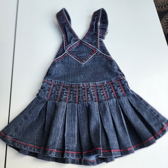 Dark Blue Denim Overalls with Pleated Skirt and Adjustable Straps - Picture 8 of 9